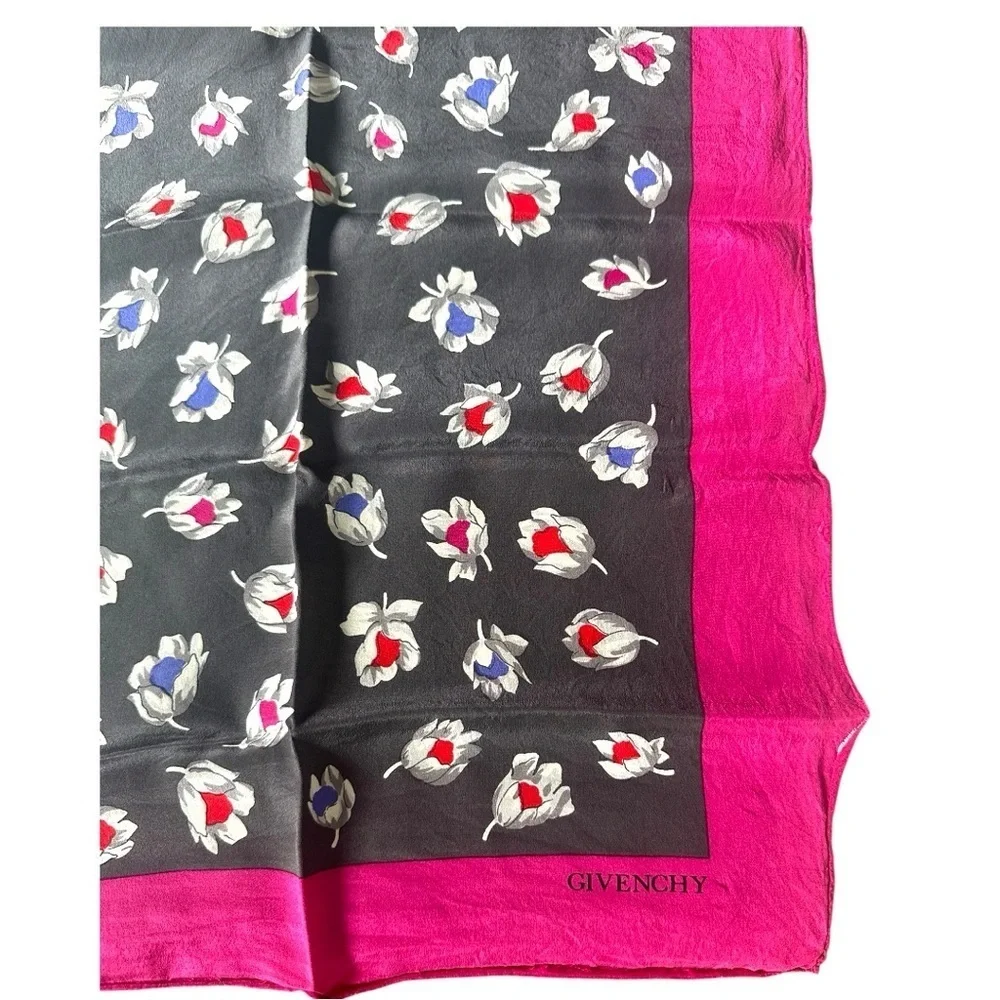 GIVENCHY 100% Silk Gorgeous Black Floral and Hot Pink Border 29” Scarf